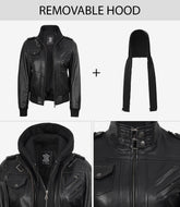 Women's Black Real Leather Bomber Jacket with Detachable Hood