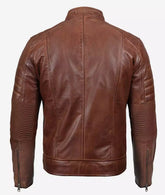 Men's Tall Cognac Waxed Real Leather Jacket - Biker Style