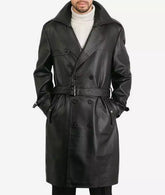 Men's Knee-Length Black Lambskin Leather Coat with Double-Breasted Front