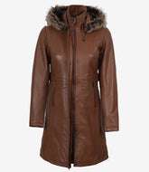 Women's Brown Real Leather Coat with Fur-Trimmed Detachable Hood