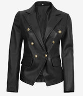 Kim Women's Black Leather Blazer with Double-Breasted Front