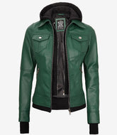 Women's Green Leather Bomber Jacket with Removable Hood