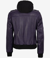Women's Purple Leather Bomber Jacket with Detachable Hood