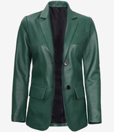 Women's Green Leather Blazer with Two Buttons