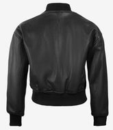 Women's Black Cropped Leather Bomber Jacket Drop Shoulder