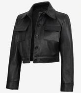 Women's Black Real Leather Trucker Jacket Cropped