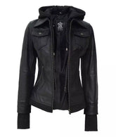 Essence Women Black Bomber Leather Jacket with Hood