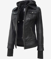 Women's Petite Black Leather Bomber Jacket with Detachable Hood