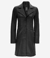 Women's Petite Black Leather Coat with Notch Lapel
