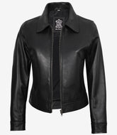 Women's Black Leather Harrington Jacket with Shirt Collar