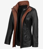 Women's Black Leather Jacket with High Collar and Brown Details