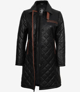 Glen Women's Black Quilted Leather Car Coat with Brown Detailing