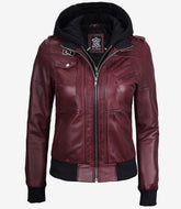 Women's Maroon Leather Bomber Jacket with Hood