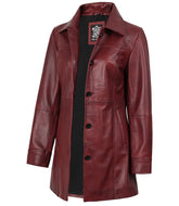 Women's Burgundy Leather Car Coat with Button-Down Closure