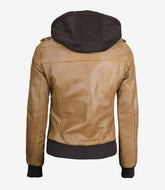 Women's Camel Brown Leather Bomber Jacket with Hood