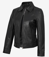 Jose Women's Black Leather Harrington Jacket with Shirt Collar