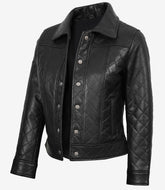 Women's Black Quilted Leather Jacket in Harrington Style