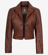 Women's Cognac Cropped Leather Jacket with Single Button