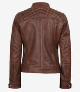 Women's Cognac Leather Biker Jacket with Quilted Shoulder Accents