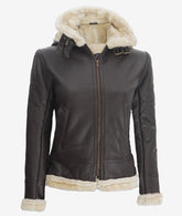 Women's Dark Brown Shearling Leather Jacket with Hood
