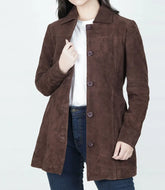 Women's Dark Brown Suede Coat with Button-Down Front