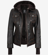 Women's Distressed Brown Real Leather Bomber Jacket with Removable Hood