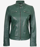 Women's Green Leather Biker Jacket Quilted Shoulder