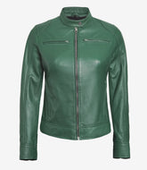 Women's Green Leather Jacket in Biker Style