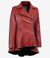 Women's Red Leather Peplum Jacket with Asymmetrical Zipper