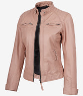 Women's Pink Leather Biker Jacket Quilted Shoulder Detail