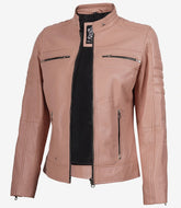 Women's Pink Real Leather Jacket Biker Style