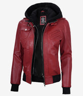 Women's Red Leather Bomber Jacket with Hood