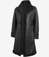 Women's Black Real Leather Shearling Coat in 3/4 Length