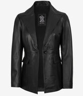 Women's Black Leather Blazer with Single Button and Peak Lapel