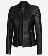 Elyn Black Curve-Cut Leather Jacket for Women