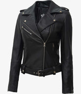 Womens Modern Asymmetrical Edge Black Lambskin Moto Jacket