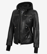 Women's Black Real Leather Bomber Jacket Featuring Hood