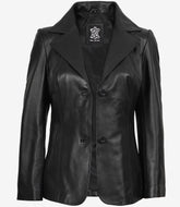 Women's Premium Black Leather Blazer with Two Buttons