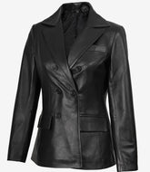 Women's Double-Breasted Black Leather Coat with Notch Lapel Collar