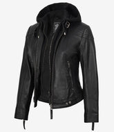 Tonja Women's Black Real Leather Jacket with Hood