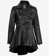 Women's Black Leather Peplum Jacket with Asymmetrical Front