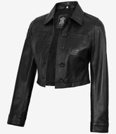 Women's Black Cropped Real Leather Jacket Button Up Style