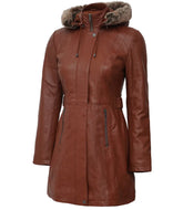 Women's Brown Leather Coat – Parka Style with Removable Fur Hood