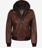 Women's Cognac Real Leather Bomber Jacket with Detachable Hood