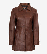 Women's Tall Cognac Real Leather Coat - Three-Quarter Length