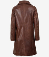 Women's Cognac Waxed Leather Coat - Mid Length