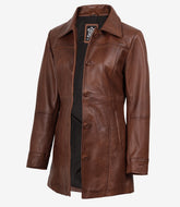 Women's Petite Brown Waxed Real Leather Car Coat