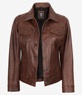 Women's Cognac Brown Leather Trucker Jacket
