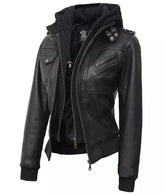 Women's Petite Black Bomber-Style Leather Jacket with Removable Hood