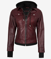 Women's Burgundy Leather Bomber Jacket with Removable Hood